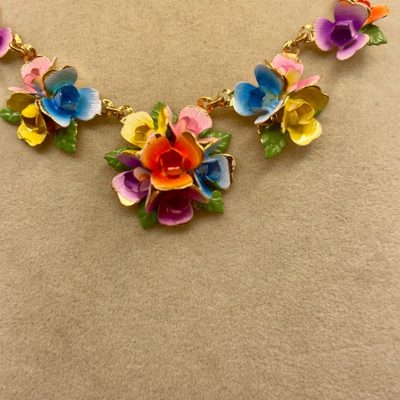 Vintage Austrian Enamel Multi color Metal Floral Clusters on a Gold Necklace - Picture 3 of 7